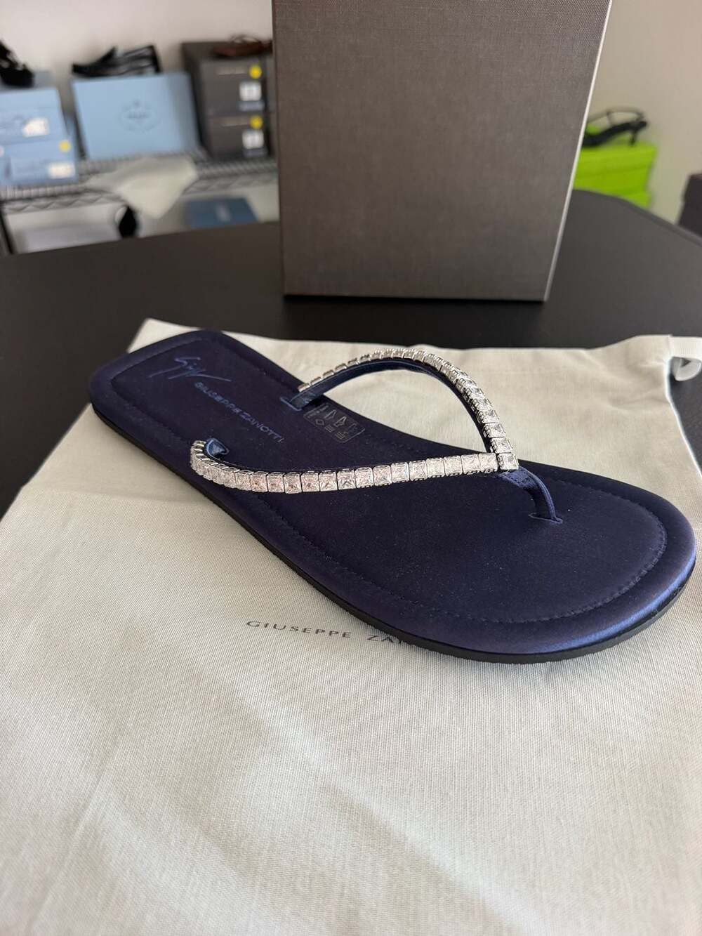 Giuseppe Zanotti Tatami 10 Crystal Satin Thong Sandals Navy Retail $595